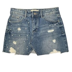 Angel Kiss Mini Denim Skirt Distressed Pearl Embellished Small 100% Cotton Blue